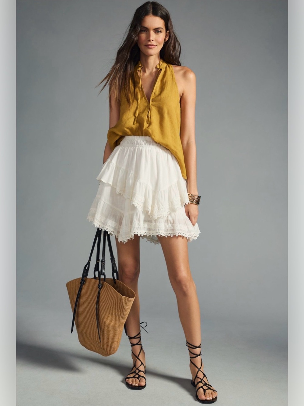 Pilcro Anthropologie The Tavi Tank Mustard Yellow Linen Ruffle Neck Top Sz Small